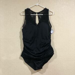 NWT Swimsuits for All black lace ruched v neckline one piece swimsuit 18